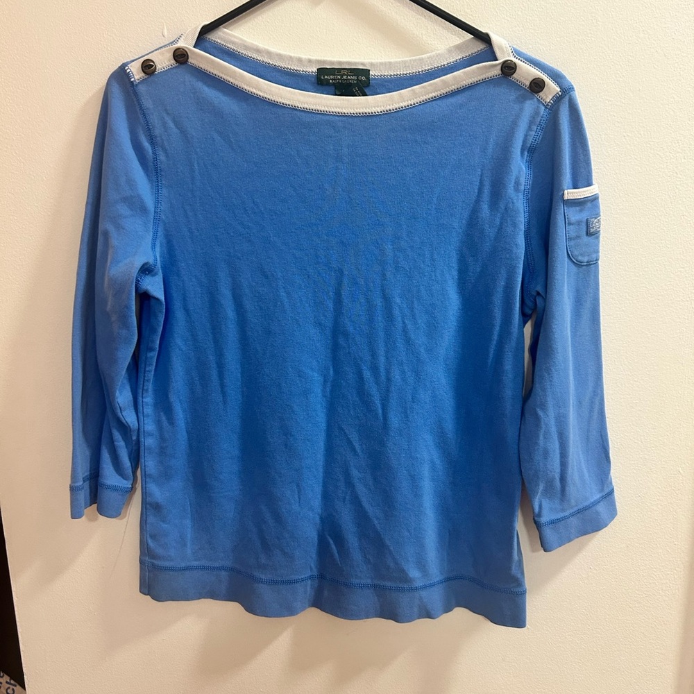 Lauren Ralph Lauren Shirt Womens Large Blue‎ White Top Casual 3/4 Sleeve Ladies